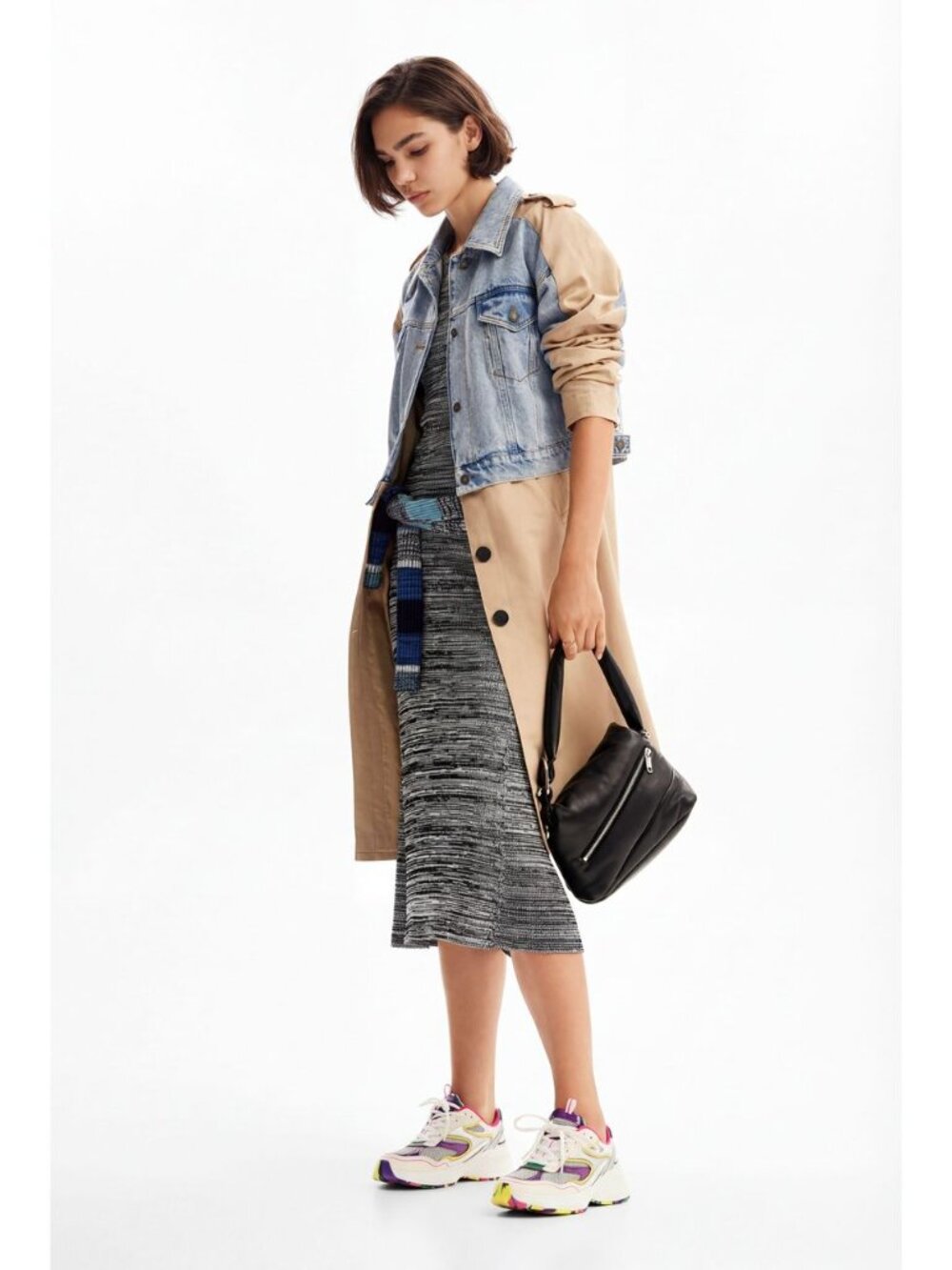 Desigual Denim Panel Trench Coat in Medium Beige